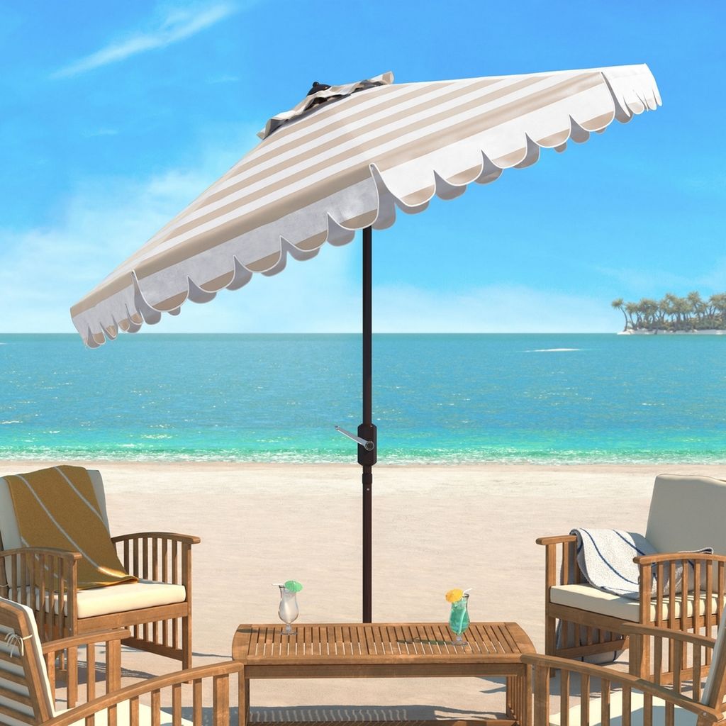 Maui Single Scallop Striped 9Ft Crank Push Button Tilt Umbrella, Open:100.79, Close:6.1" X Open: 98.82", Close: 98.82", Beige/White