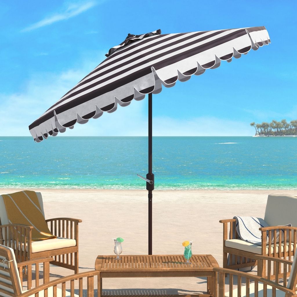 Maui Single Scallop Striped 9Ft Crank Push Button Tilt Umbrella, Open:100.79, Close:6.1" X Open: 98.82", Close: 98.82", Black/White