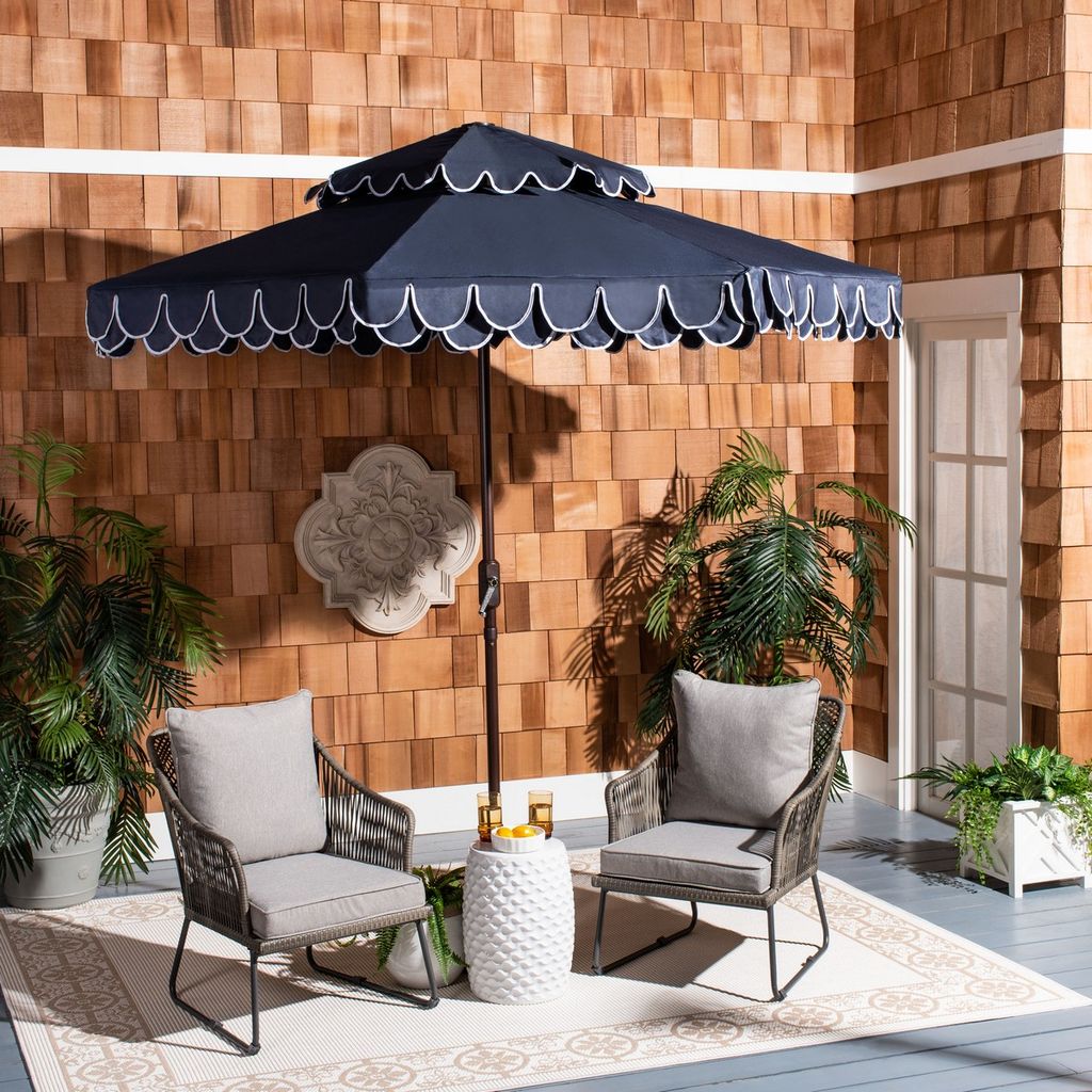 Elegant Valance 9Ft Double Top Umbrella, Open:101.18, Close:6.69" X Open:99.61", Close:99.61", Navy/White