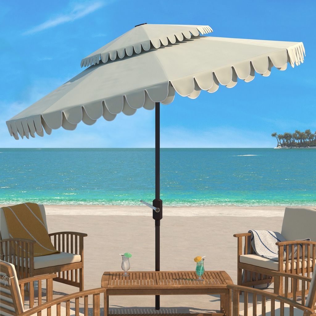Elegant Valance 9Ft Double Top Umbrella, Open:101.18, Close:6.69" X Open:99.61", Close:99.61", Beige/White