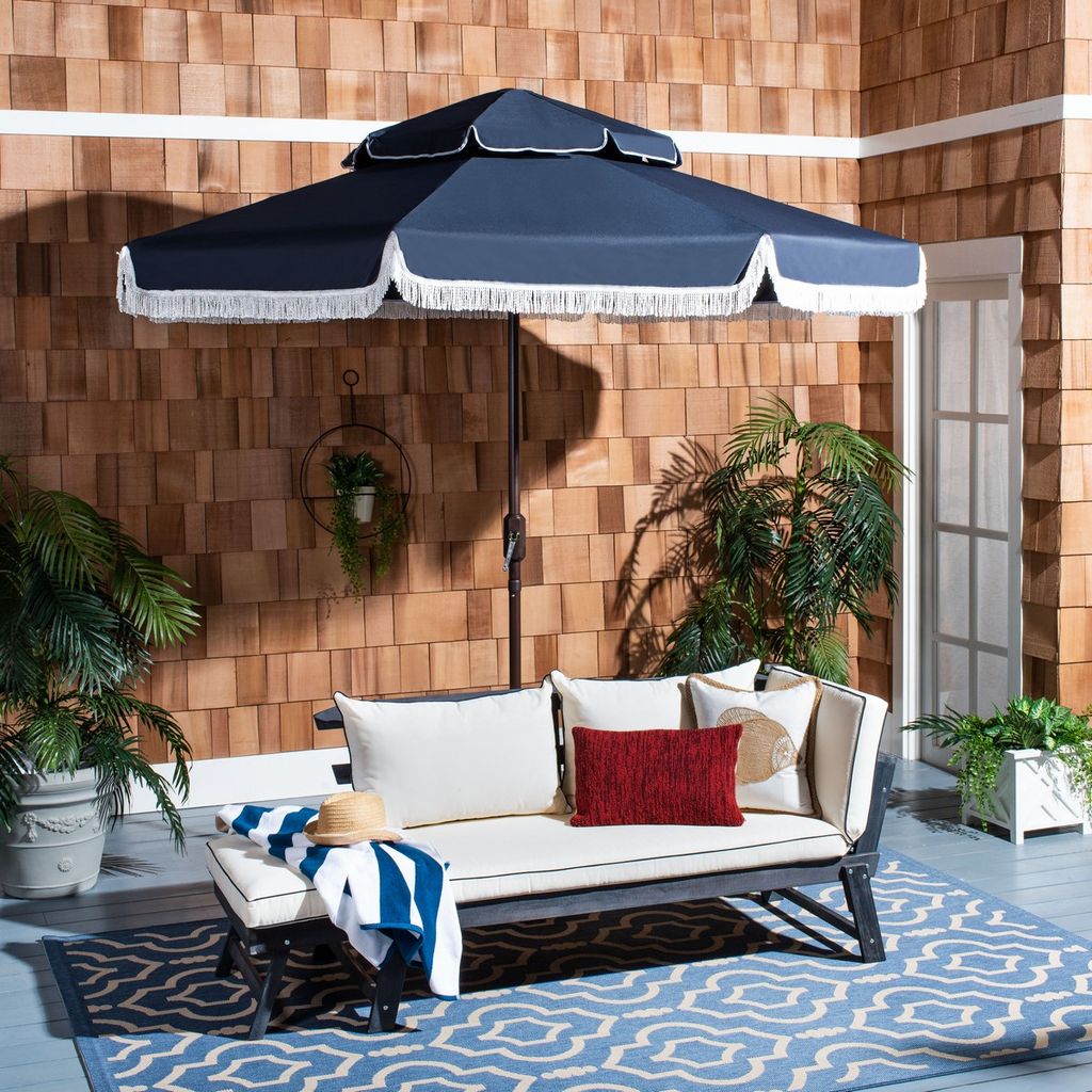 Tortuga Fringe 9Ft Double Top Crank Umbrella, Navy/White