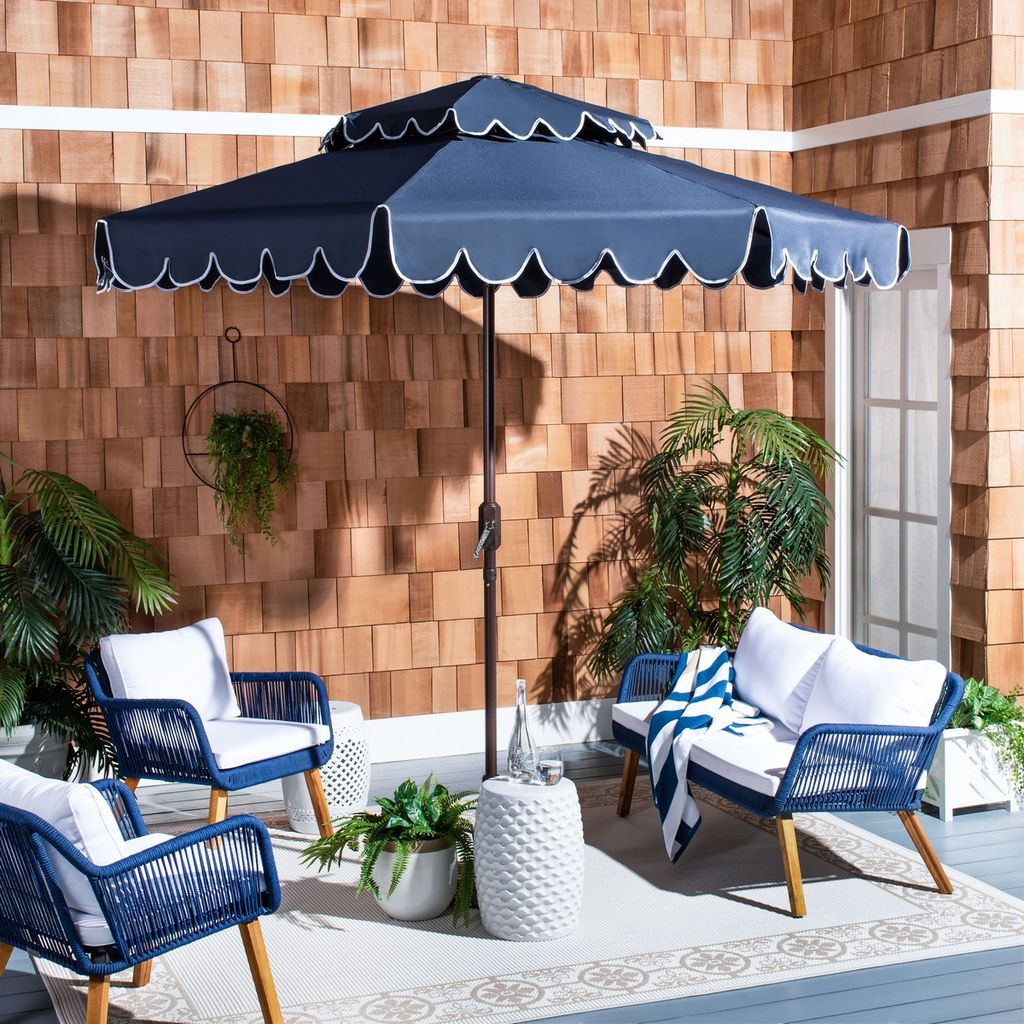 9Ft Round Double Top Crank Umbrella, Open:101.18, Close:6.69" X Open:99.61", Close:99.61", Navy/White