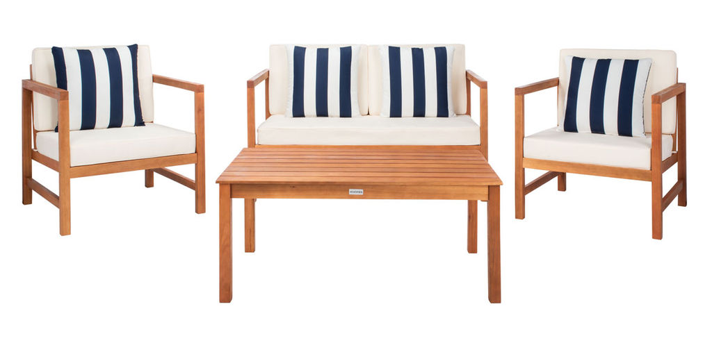 Montez 4 Pcs Outdoor Set With Accent Pillows, Bench: 50 Armchair: 26.4 Table: 29.4" X Bench: 28.5 Armchair: 28.5 Table: 16.9", Natural/Beige/Nvywht