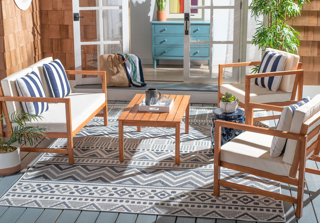 Montez 4 Pcs Outdoor Set With Accent Pillows, Bench: 50 Armchair: 26.4 Table: 29.4" X Bench: 28.5 Armchair: 28.5 Table: 16.9", Natural/Beige/Nvywht