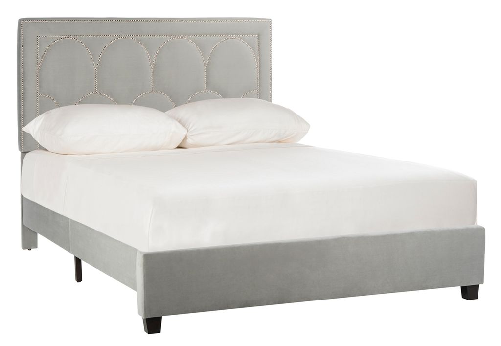 Solania Queen Bed, 64.5" X 53.5", Grey Velvet/Nickel Nailheads