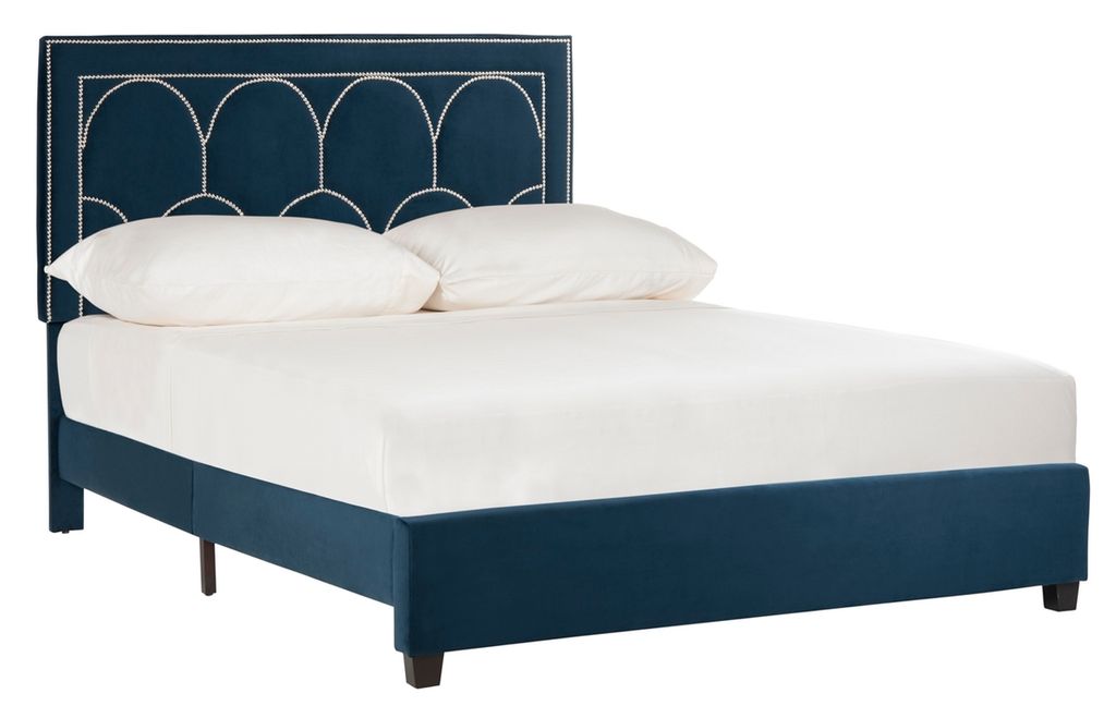 Solania Queen Bed, 64.5" X 53.5", Navy Velvet/Nickel Nailheads
