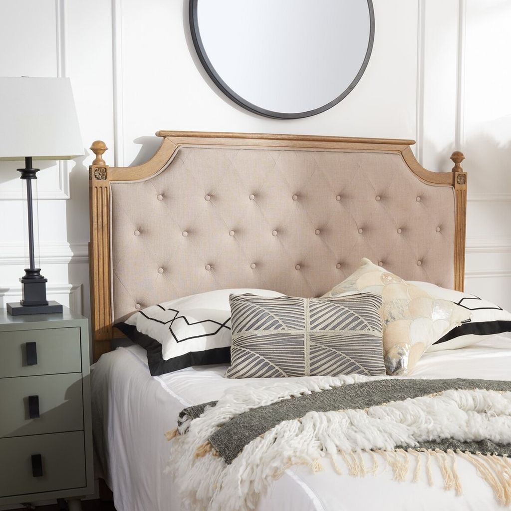 Rustic Wood Taupe Tufted Linen Queen Headboard, 61.3" X 53.8"