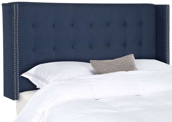 Keegan Navy Linen Tufted Winged Headboard - Silver Nail Head, 60.2" X 54.1"