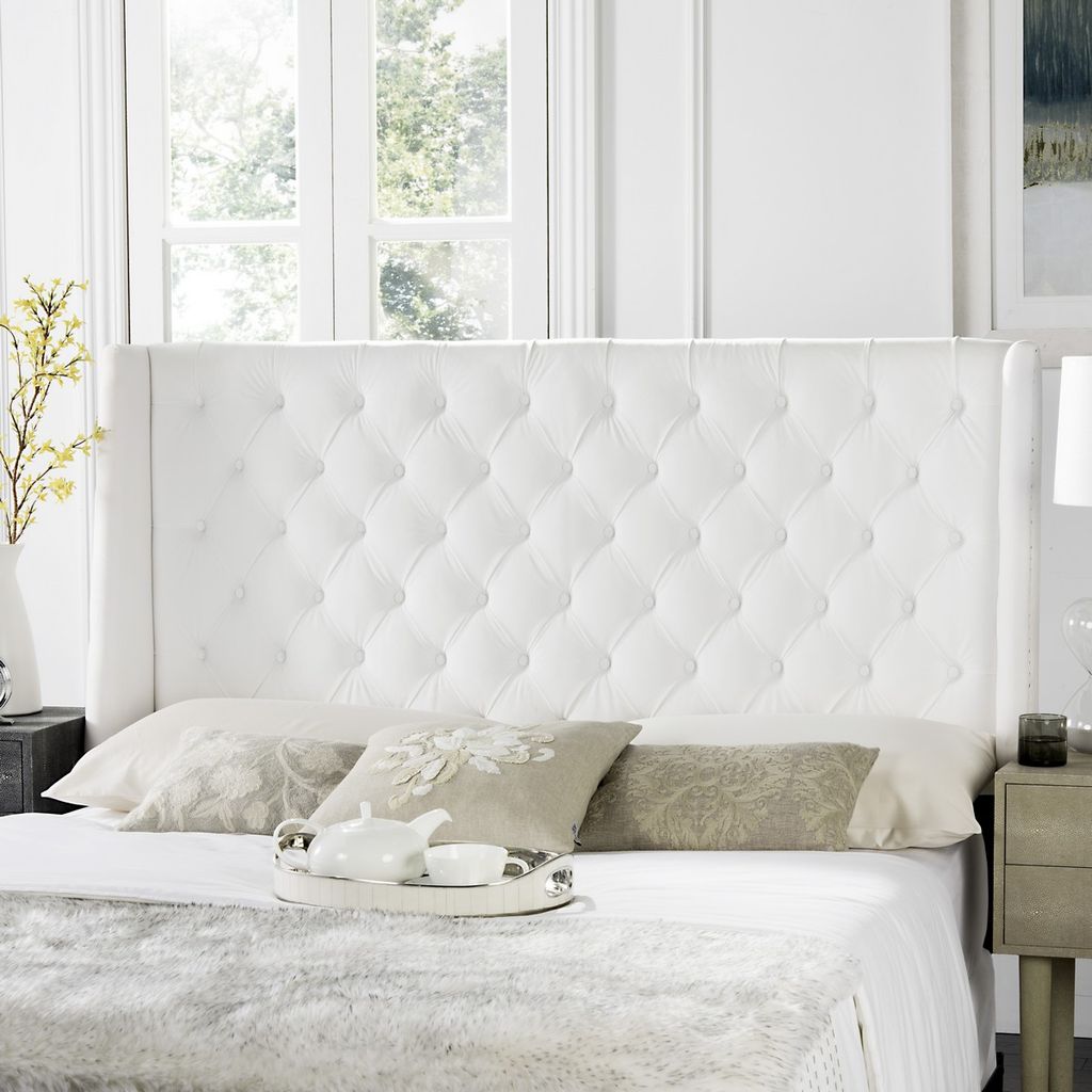 London White Tufted Winged Headboard - Flat Nail Heads, 65.4" X 54.3"