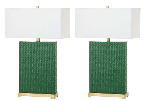 Joyce 27.75-Inch H Faux Woven Leather Table Lamp, 18" X 27.75", Dark Green, Set Of 2