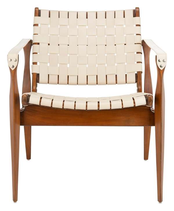 Dilan Leather Safari Chair, 24.5" X 30", White/Light Brown