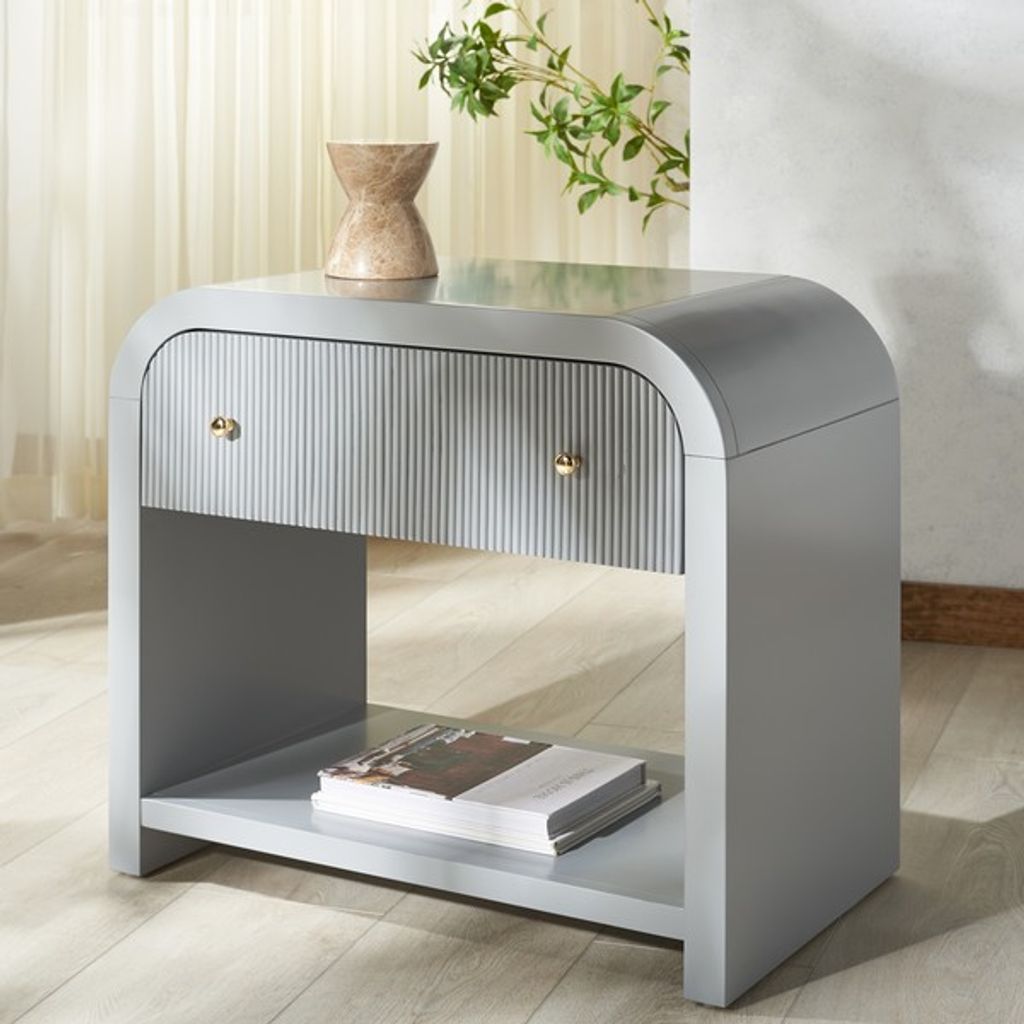 Liabella 1 Drawer Curved Nightstand, Light Grey, Gold