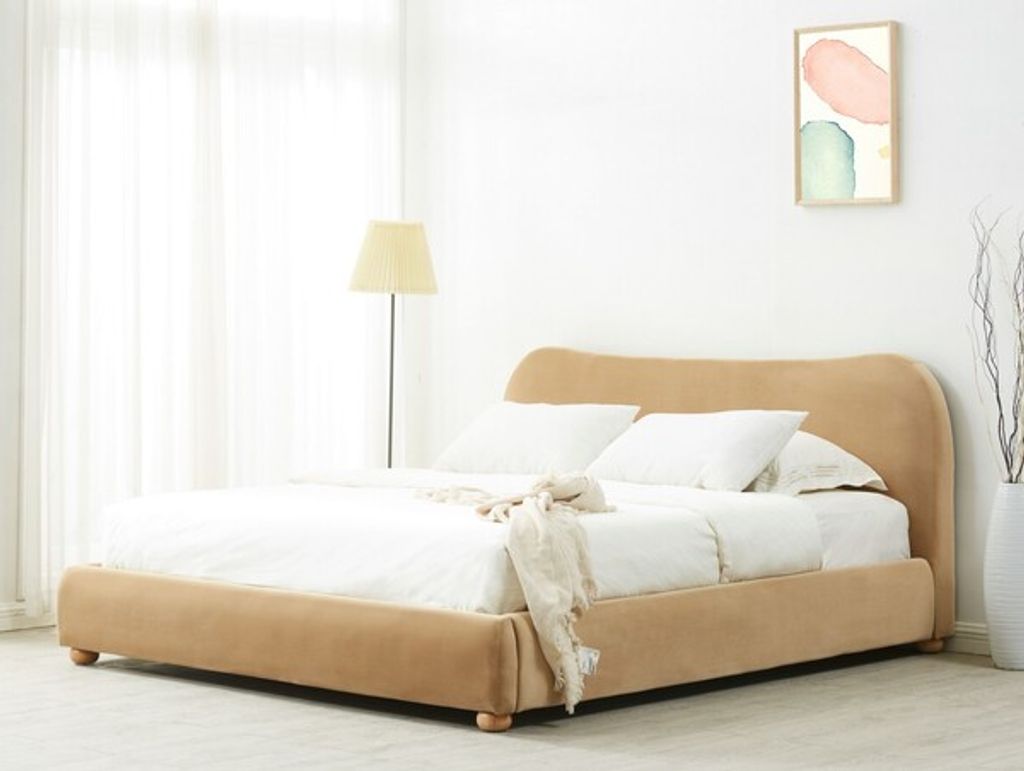 Beccarose Velvet King Bed, Light Brown, Walnut, Headboard Box