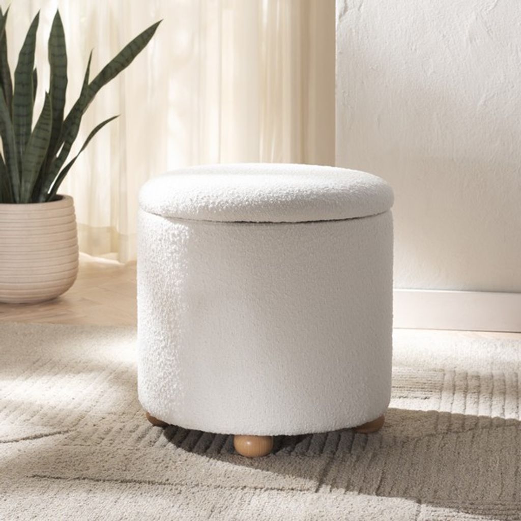 Becka Round Boucle Storage Ottoman, Ivory, Natural
