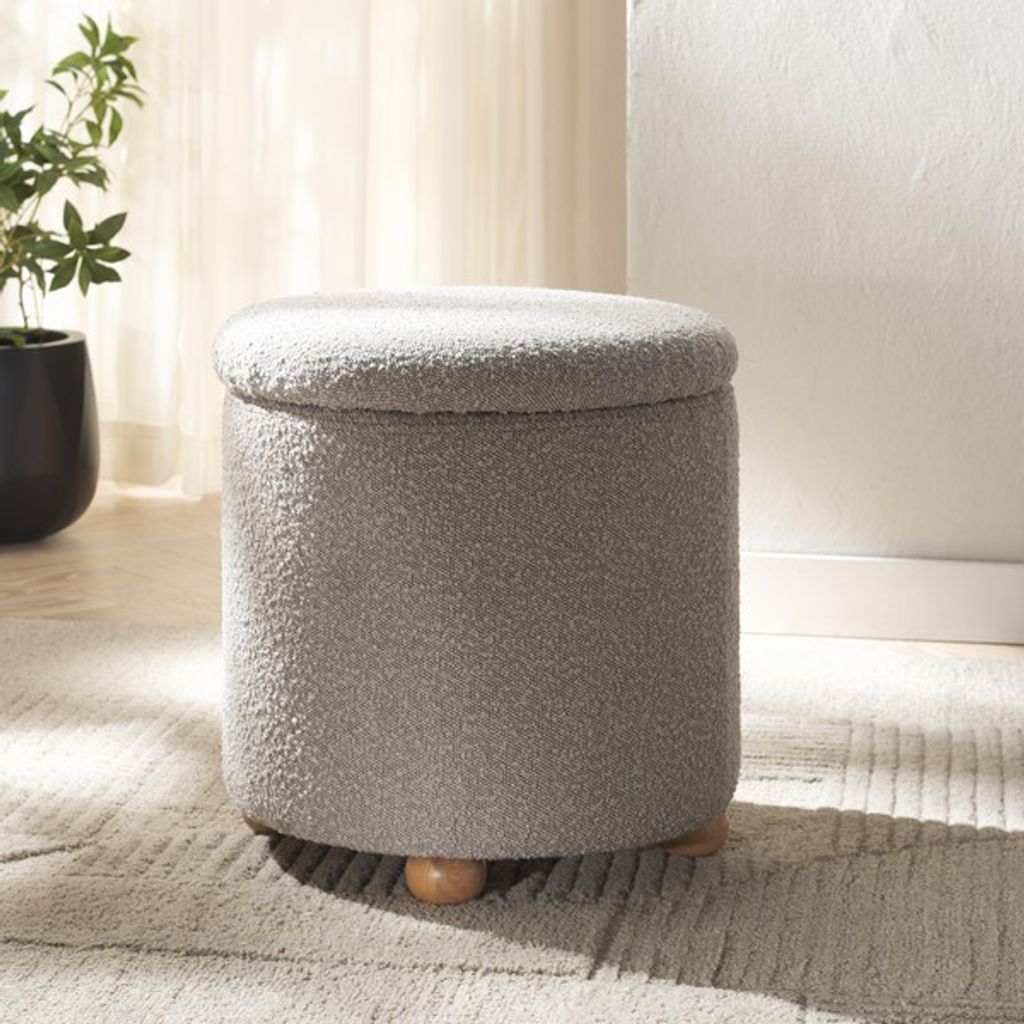 Becka Round Boucle Storage Ottoman, Grey, Natural