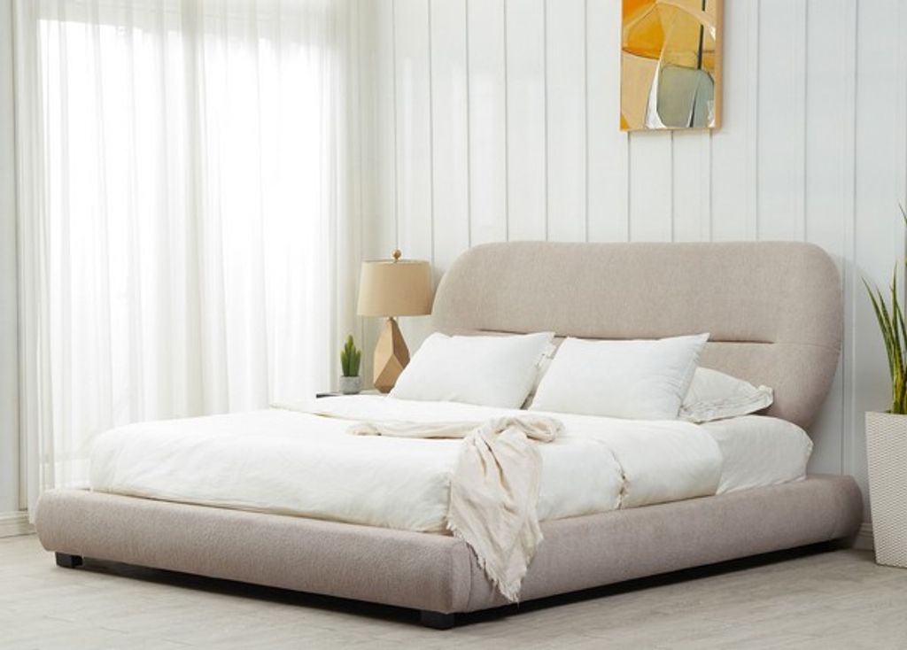 Thalia Oval Headboard Queen Bed, Light Brown, Siderails & Footboard & Slats Box