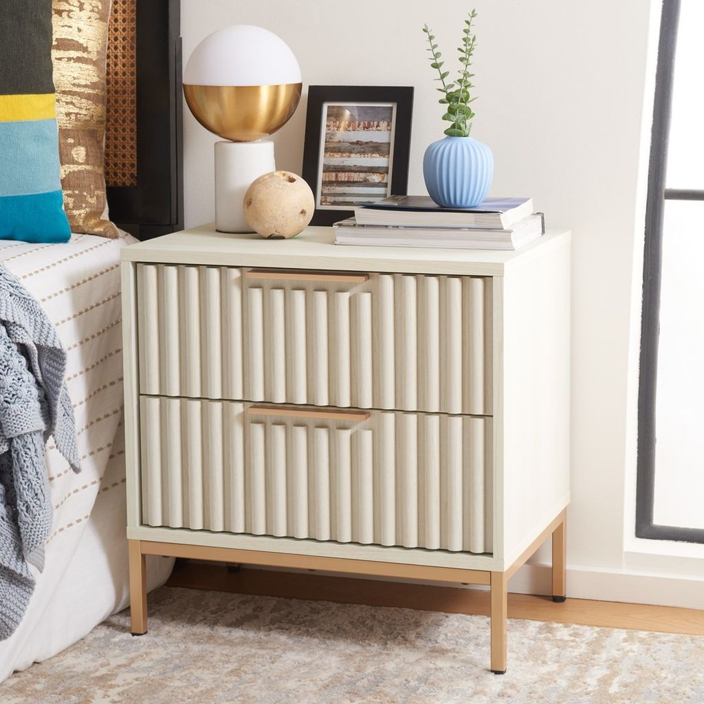 Lylia 2 Drawer Nightstand, Bleached White / Gold