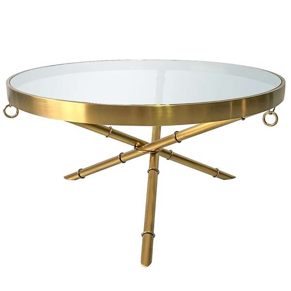 Harp & Finial Portola Coffee Table Brushed Gold Finish Metal Clear Glass Top