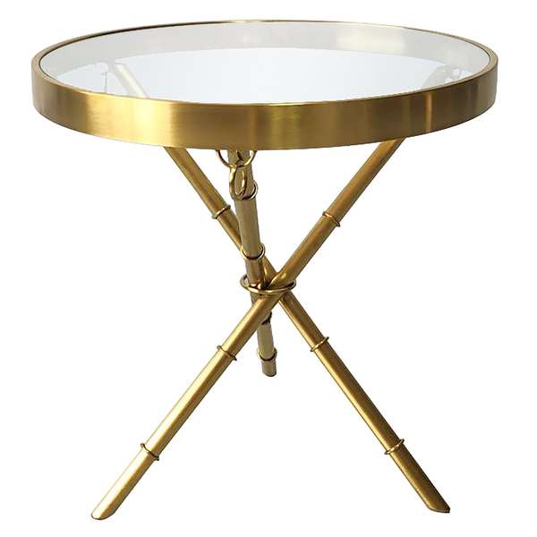 Harp & Finial Portola End Table Brushed Gold Finish Metal Clear Glass Top