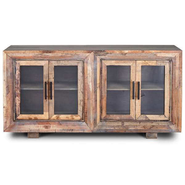 Harp & Finial Hughes Sideboard Natural Finish Reclaimed Wood Plain Glass Doors