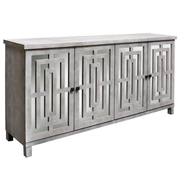 Harp & Finial Abbott Sideboard Gray Wash Finish Beveled Mirror 4 Door