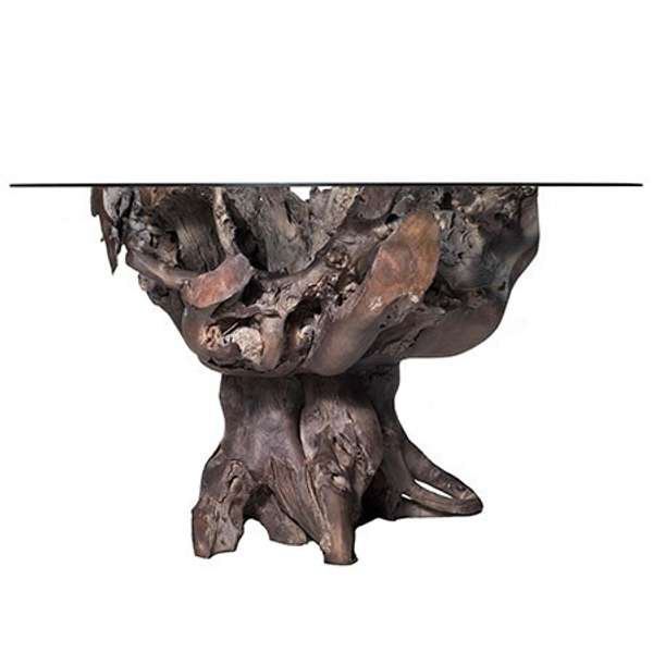Jakarta Large Dining Table- Gray | Gray Finish On Teak Wood Base With Round Beveled Edge Glass Top