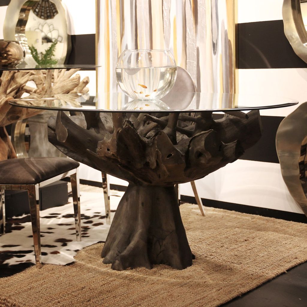 Jakarta Large Dining Table- Gray | Gray Finish On Teak Wood Base With Round Beveled Edge Glass Top