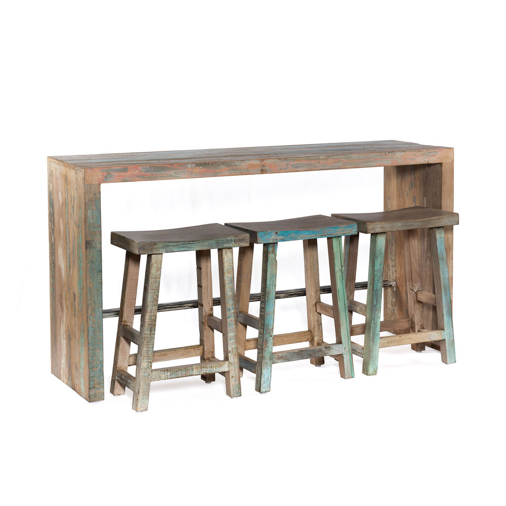 Ibiza 66" Reclaimed Wood Sofa Back Console Table With 3 Counter Stools