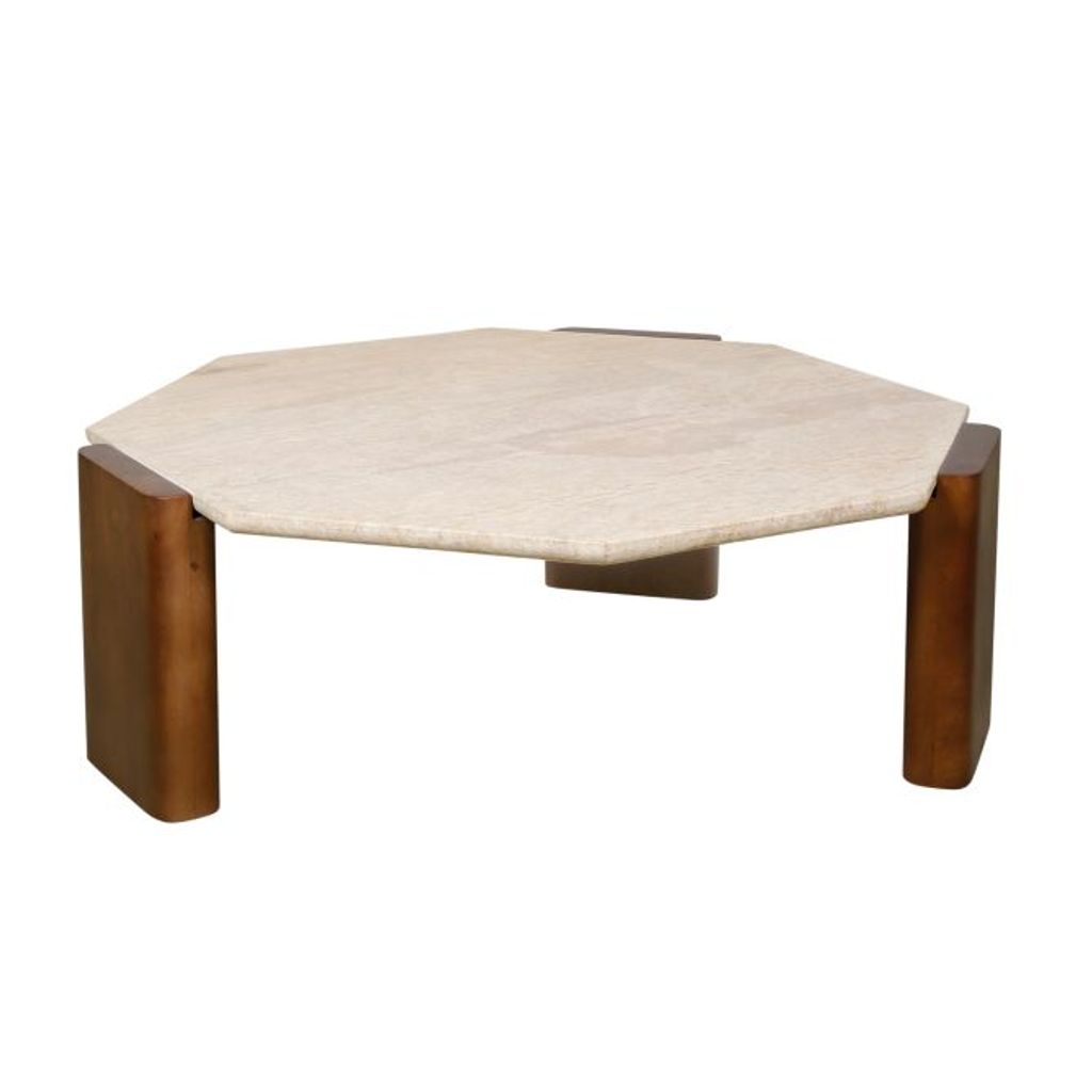 Preview image for Travertine Stone Top & Walnut Wood Legs Octagonal Low Profile Coffee Table 40 inch