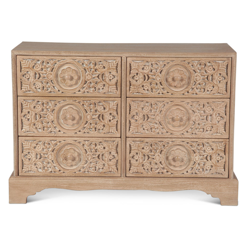 Taj 50" Six Drawer Dresser In Hand Carved Whitewash