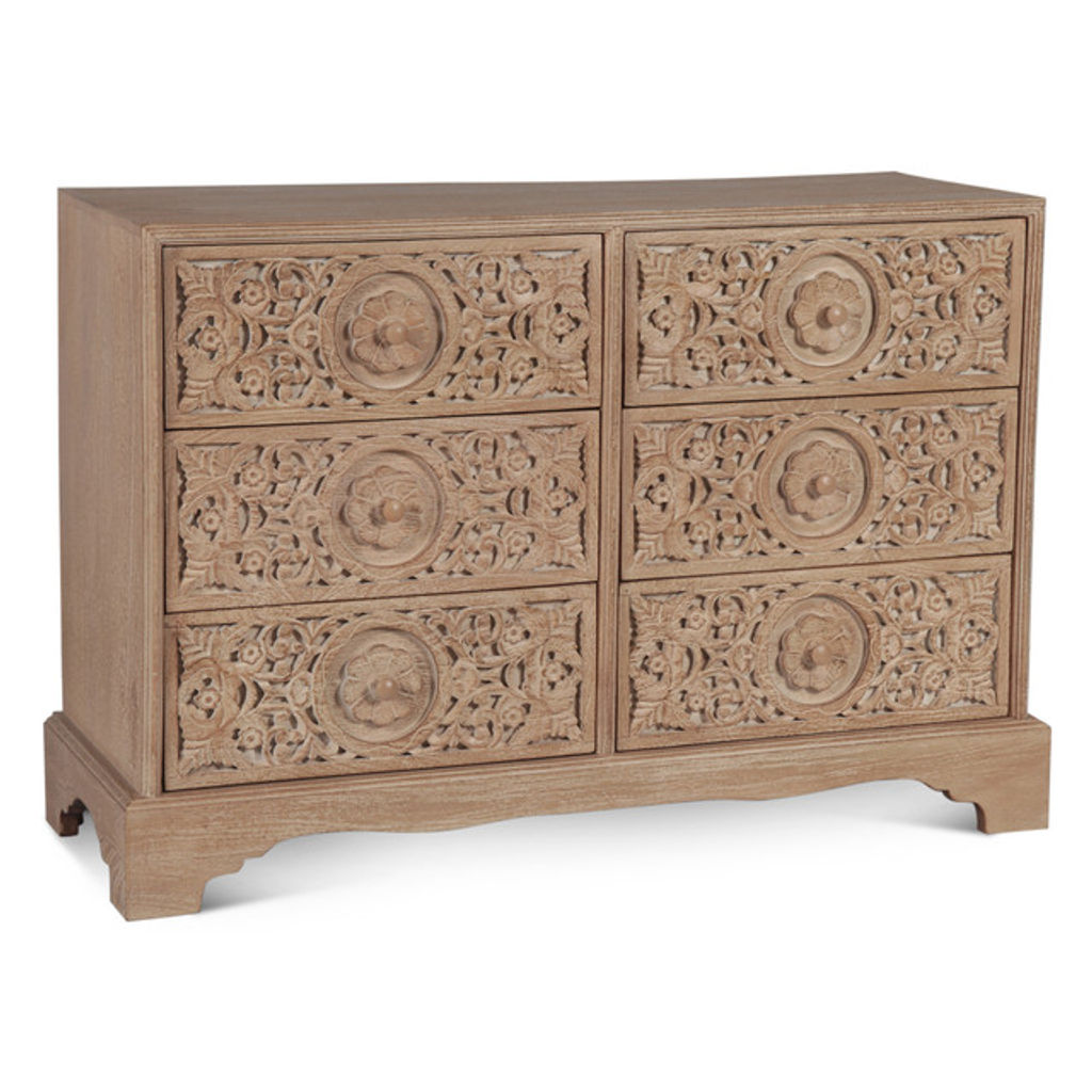 Taj 50" Six Drawer Dresser In Hand Carved Whitewash