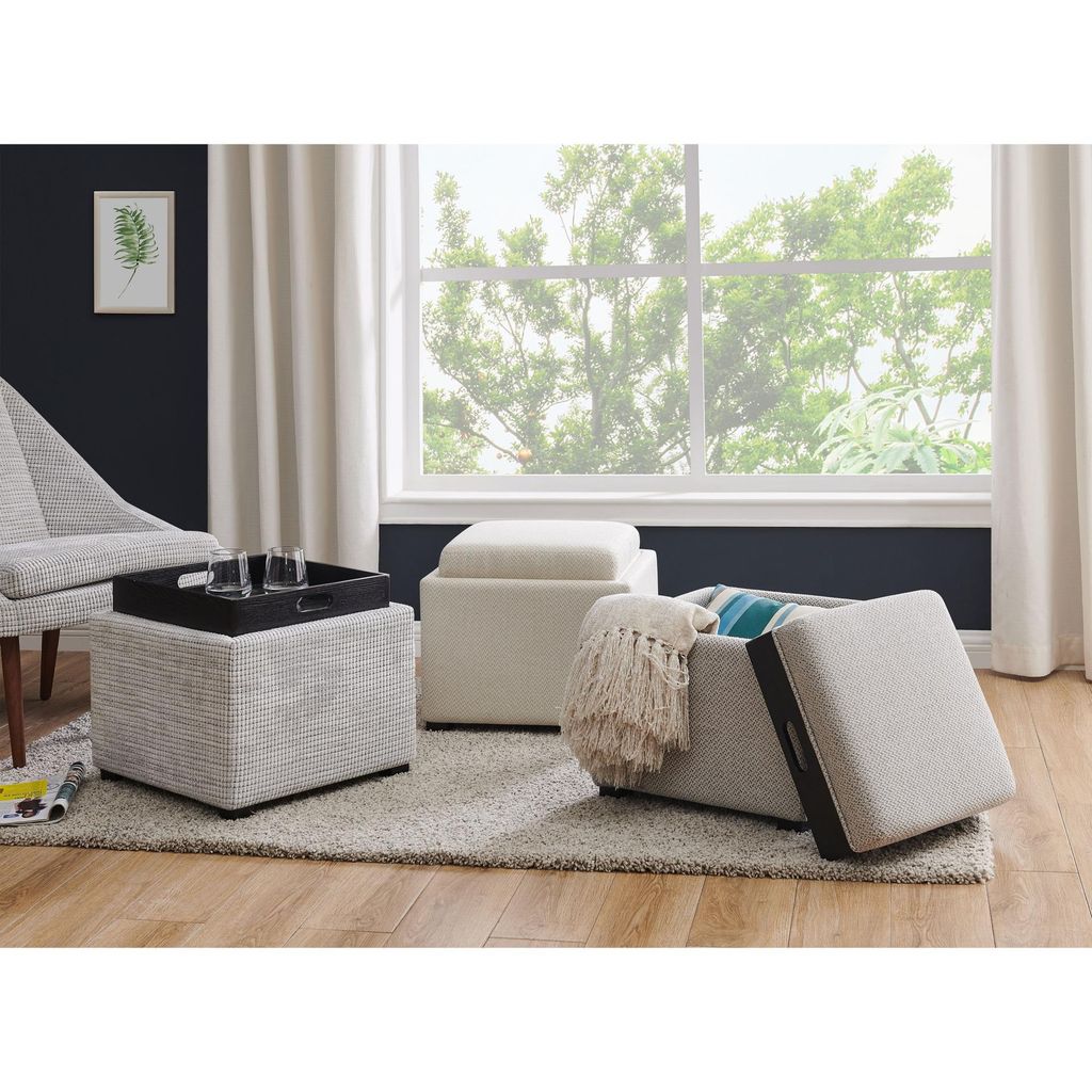 Cameron Square Fabric Storage Ottoman W/ Tray, Cardiff Cream