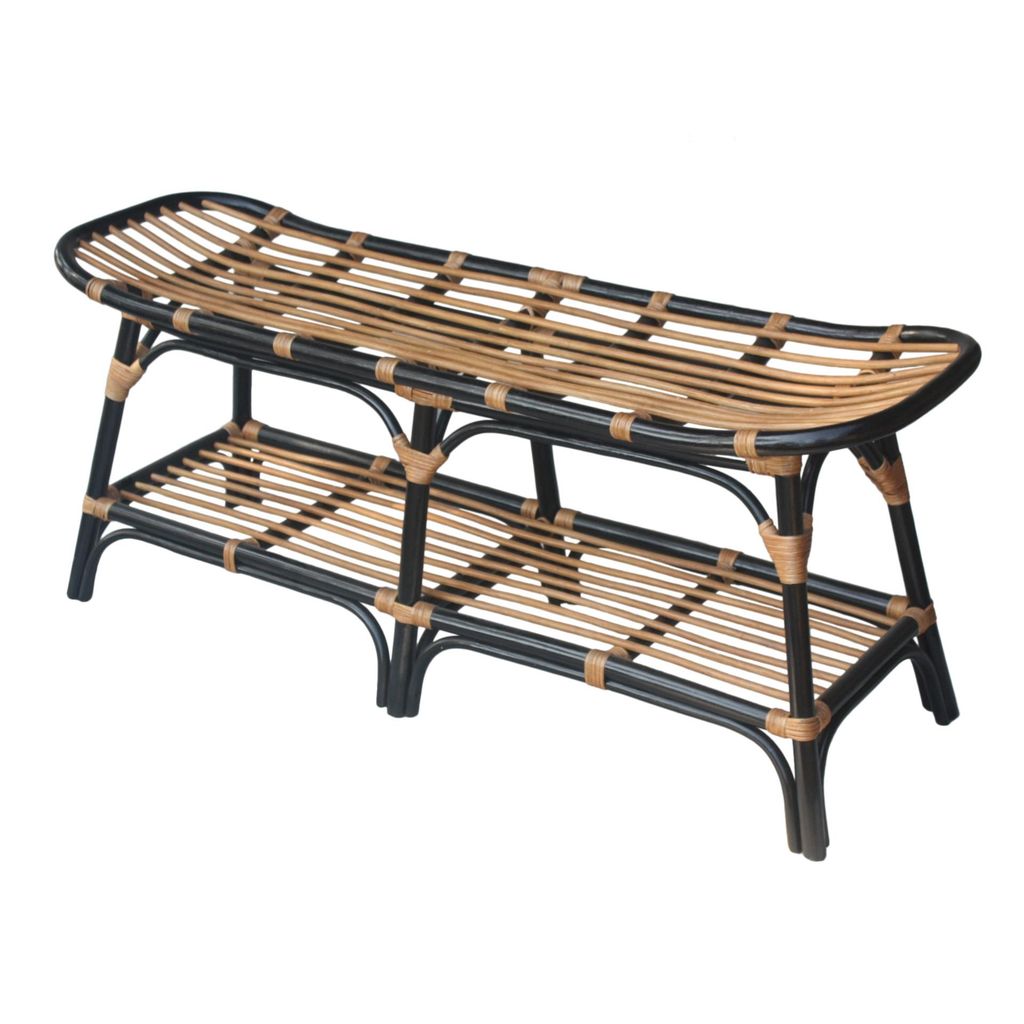 Damara Rattan Bench W/ Shelf, Black