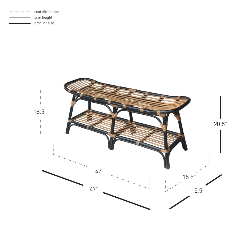 Damara Rattan Bench W/ Shelf, Black