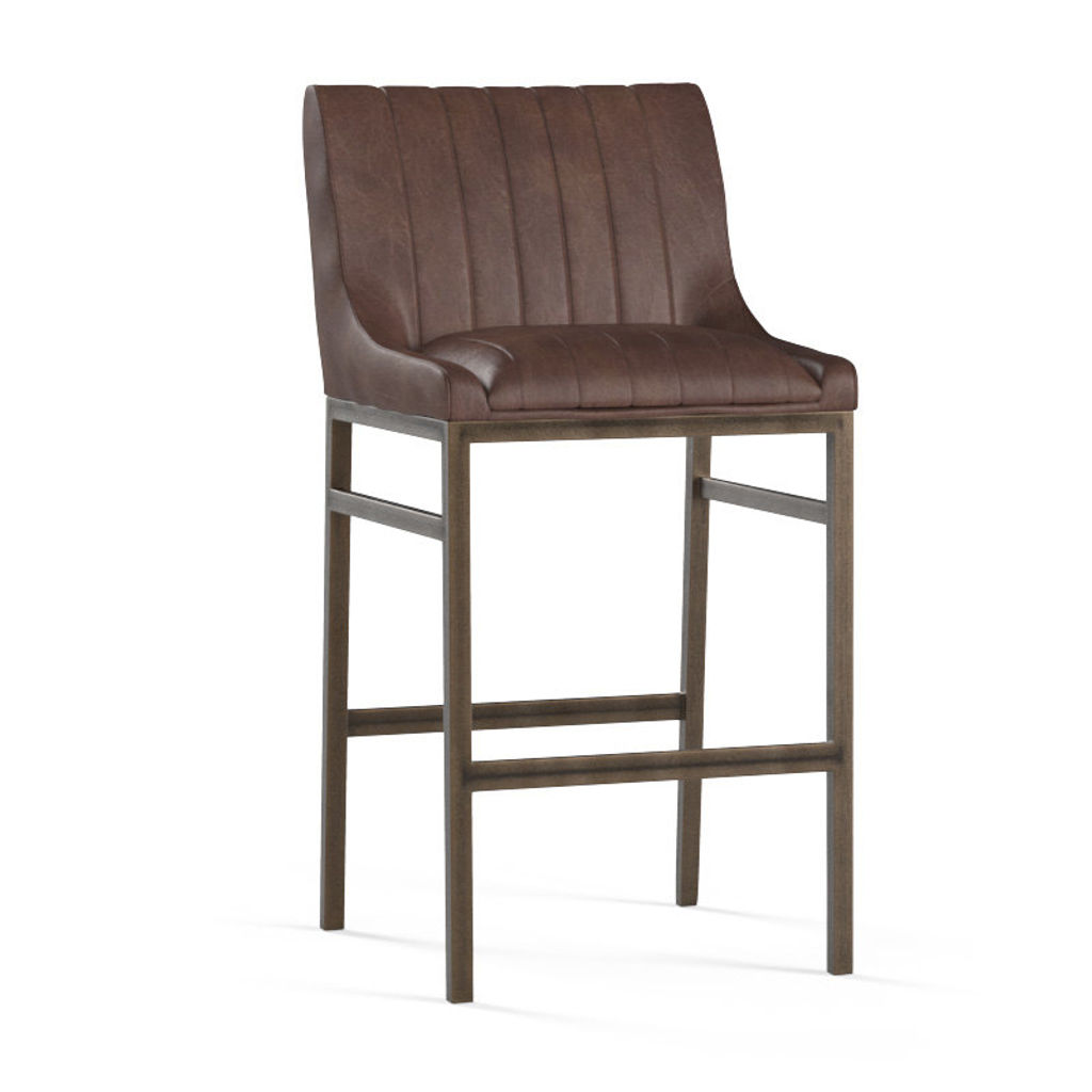 Cognac Brown Faux Leather Channel Tufted Tavern Bar Stool Bronze Metal Frame