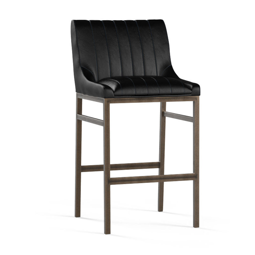 Black Faux Leather Channel Tufted Tavern Bar Stool Bronze Metal Frame