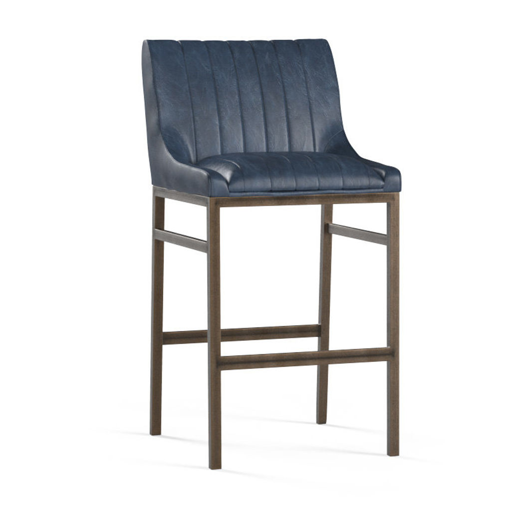 Blue Faux Leather Channel Tufted Tavern Bar Stool Bronze Metal Frame