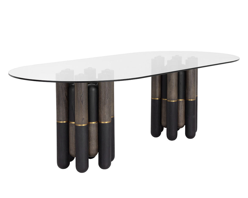 Preview image for Double Pedestal Glass Top Oval Dining Table Dark Brown Brass Accents 94 inch
