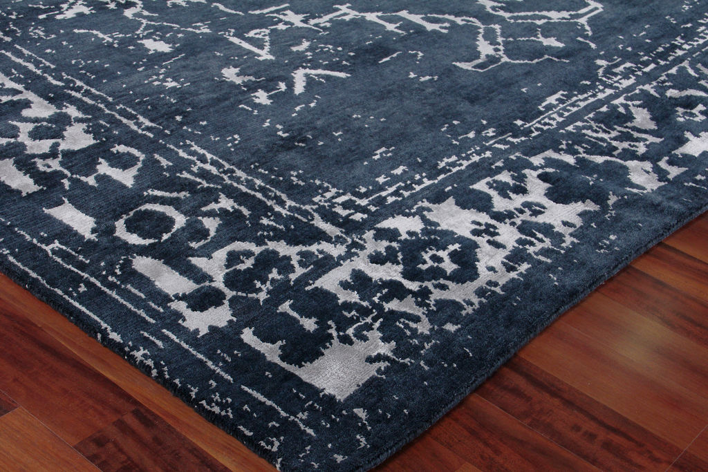 Terras Hand-Knotted New Zealand Wool And Bamboo Silk Navy/Silver Area Rug- 3131 8’X10’