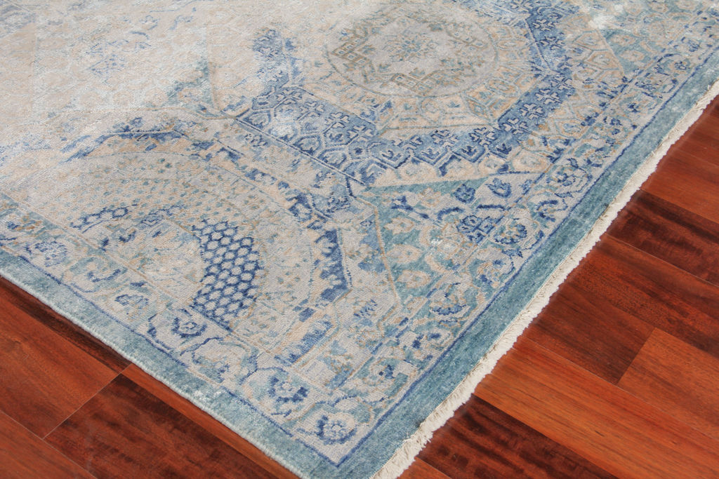 Fine Mamluk Hand-Knotted Bamboo Silk And Cotton Blue Area Rug- 3371 12’X15’