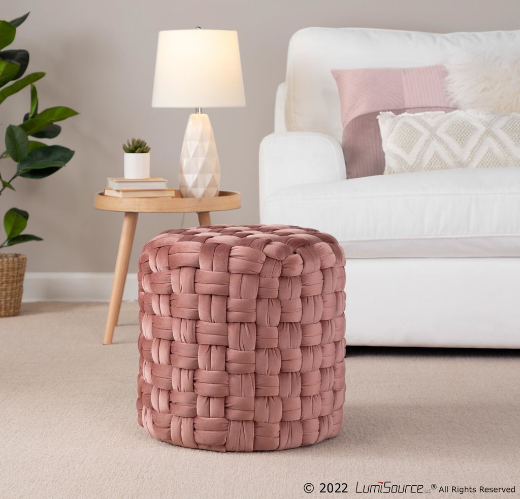 Braided Round 16" Ottoman, Blush Pink Velvet