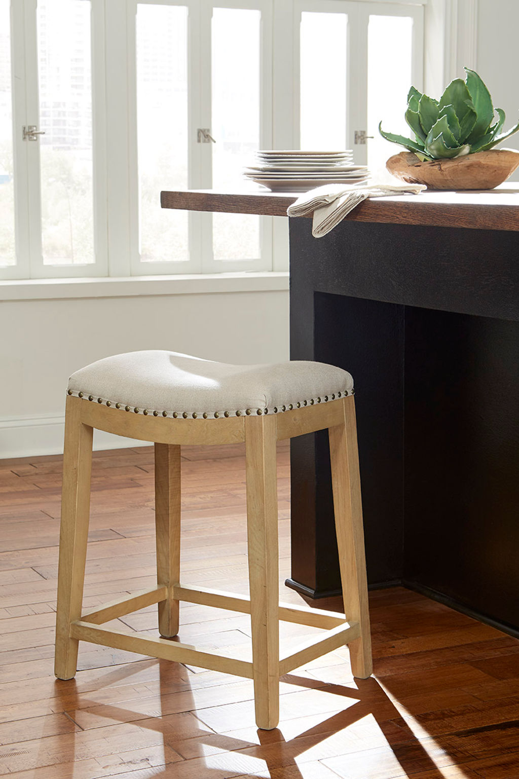 Backless Counter Stool Linen with Nailheads + Driftwood Stain Oak Base
