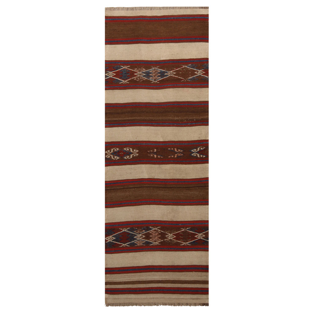 Preview image for Vintage Mid-Century Fatiye Beige Brown Wool Kilim Rug - Crimson Red, Navy Blue Accents -