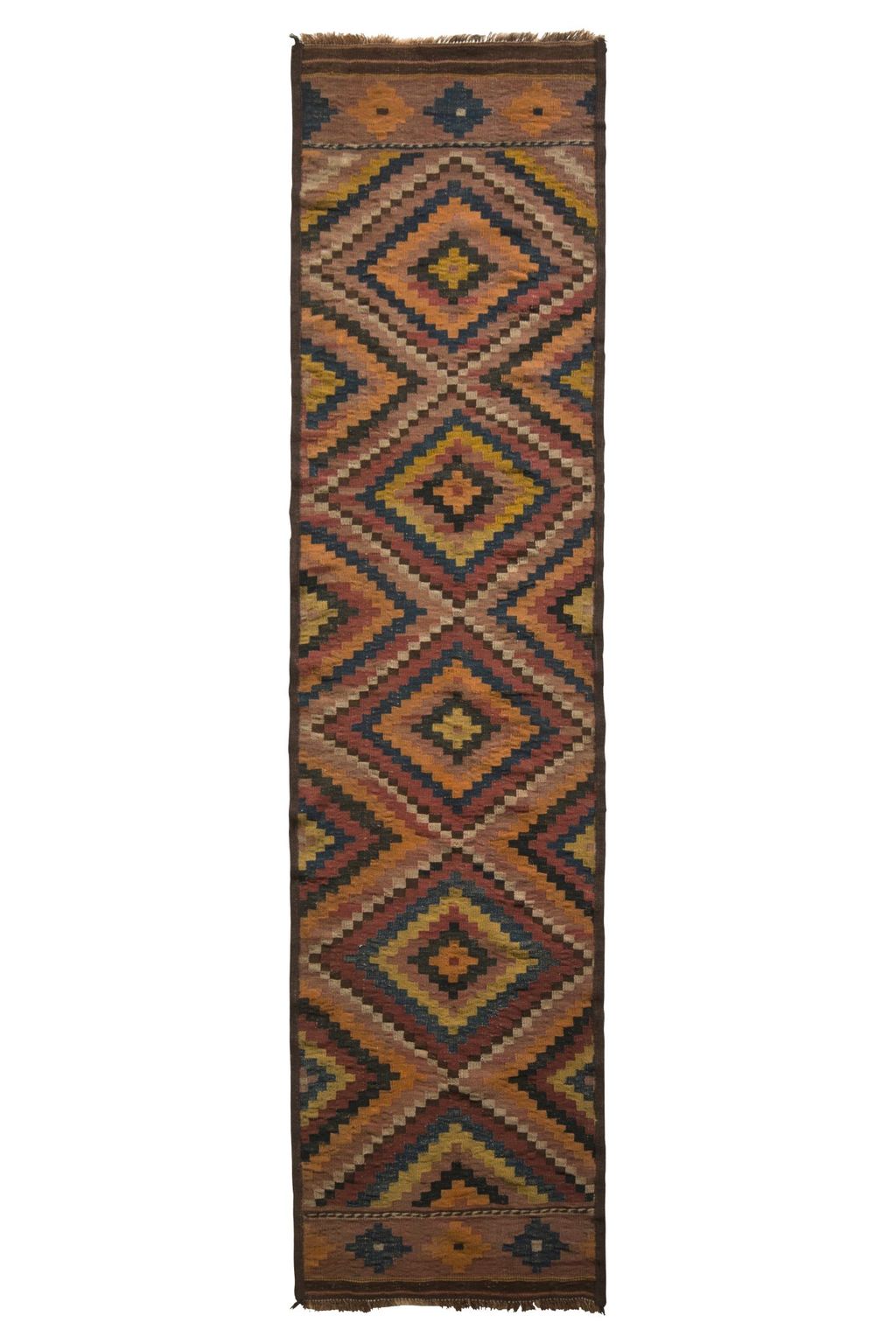Vintage Afghani Kilim Runner Orange Diamond Pattern Tribal Rug