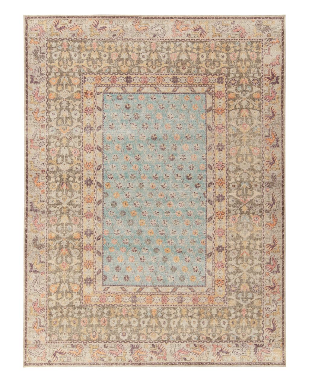 Distressed Style Transitional Floral Rug In Blue, Beige Florals