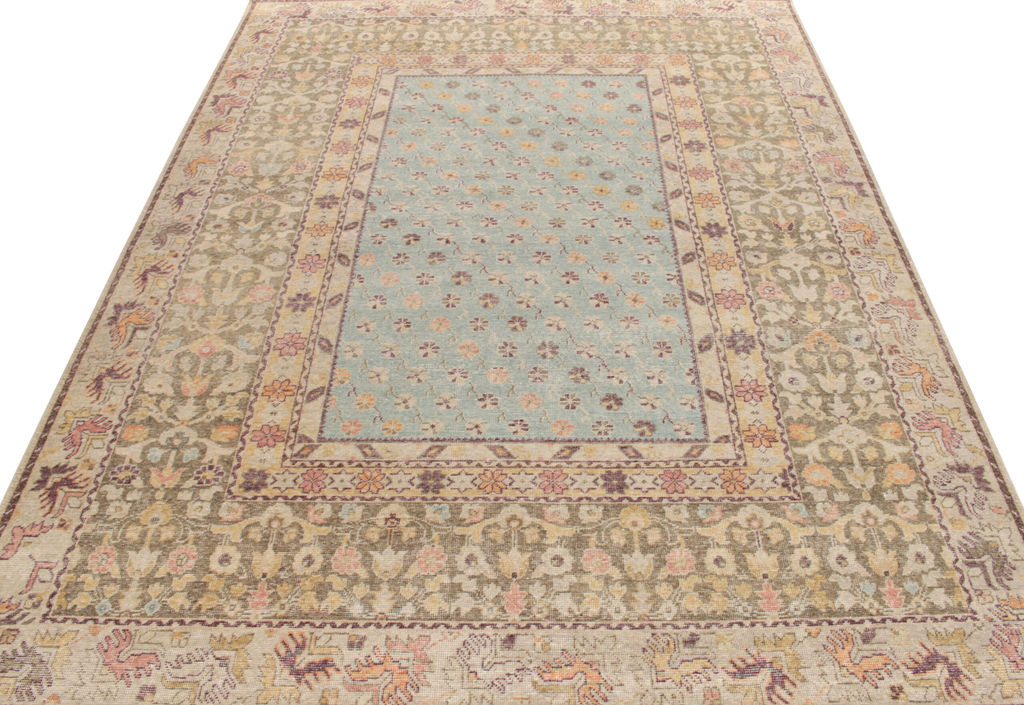 Distressed Style Transitional Floral Rug In Blue, Beige Florals