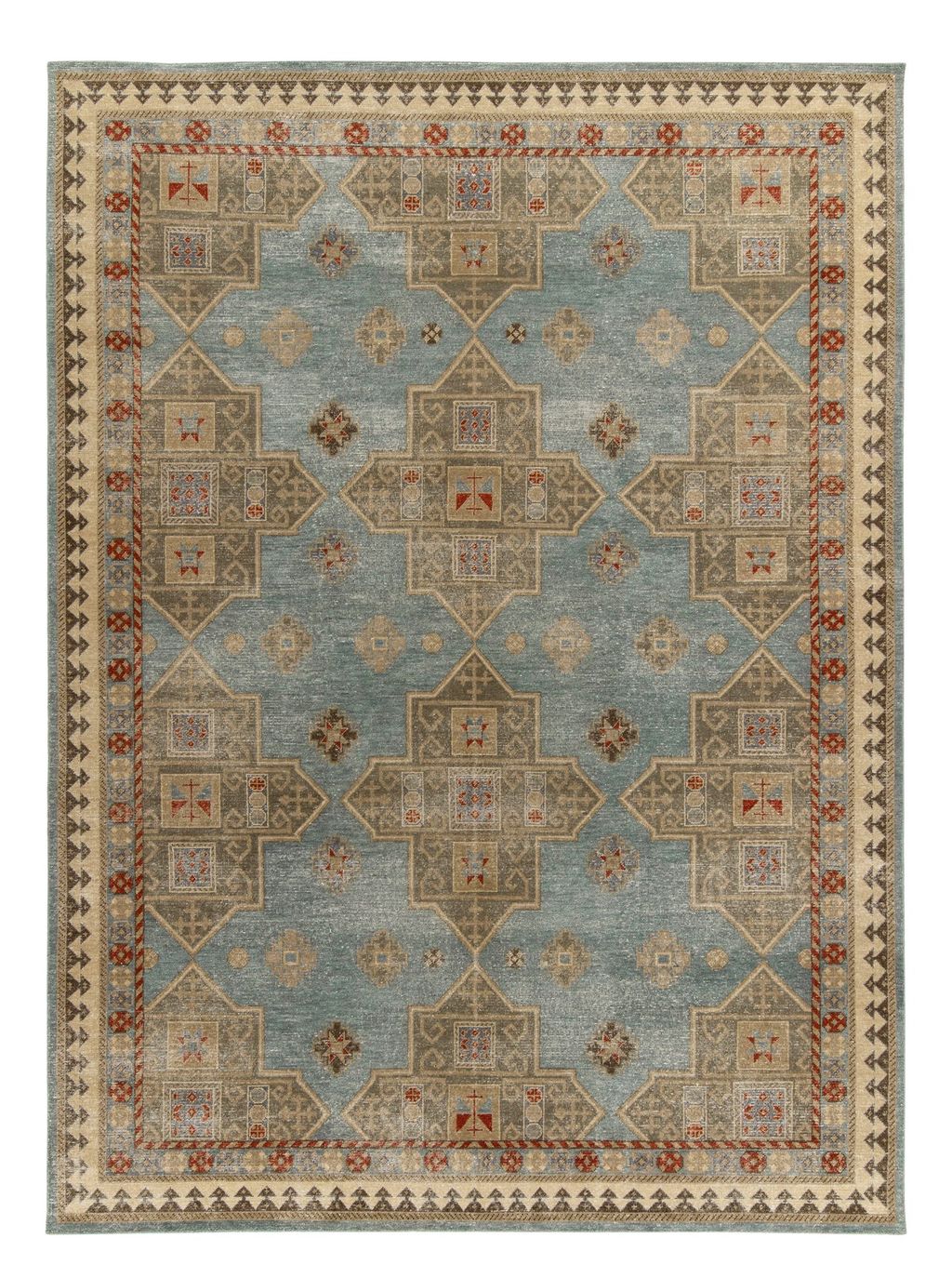 Distressed Style Modern Rug In Blue, Green, Gold, Red Geometric Pattern