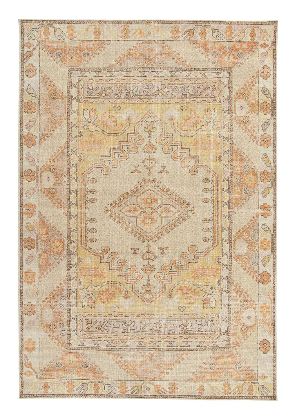 Distressed Classic Style Rug In Cream, Orange Medallion Pattern