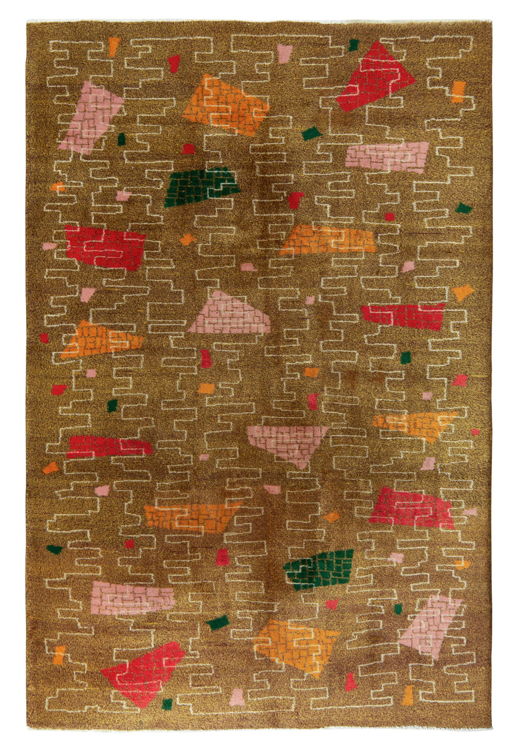 Vintage 1960S Art Deco Rug In Mustard, Beige-Brown, Multicolor Geometric Pattern