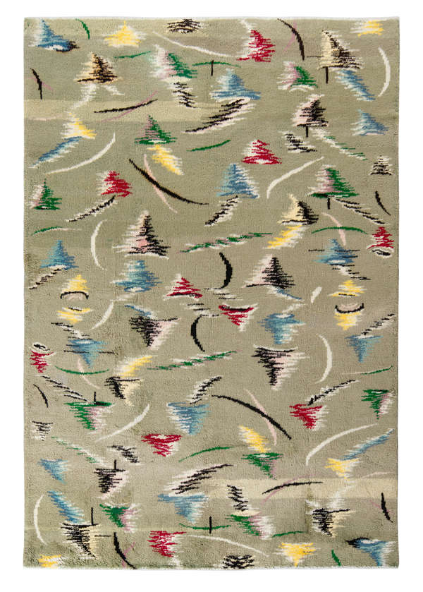 1960S Vintage Art Deco Rug In Green, Black, Multicolor All Over Geometric Pattern